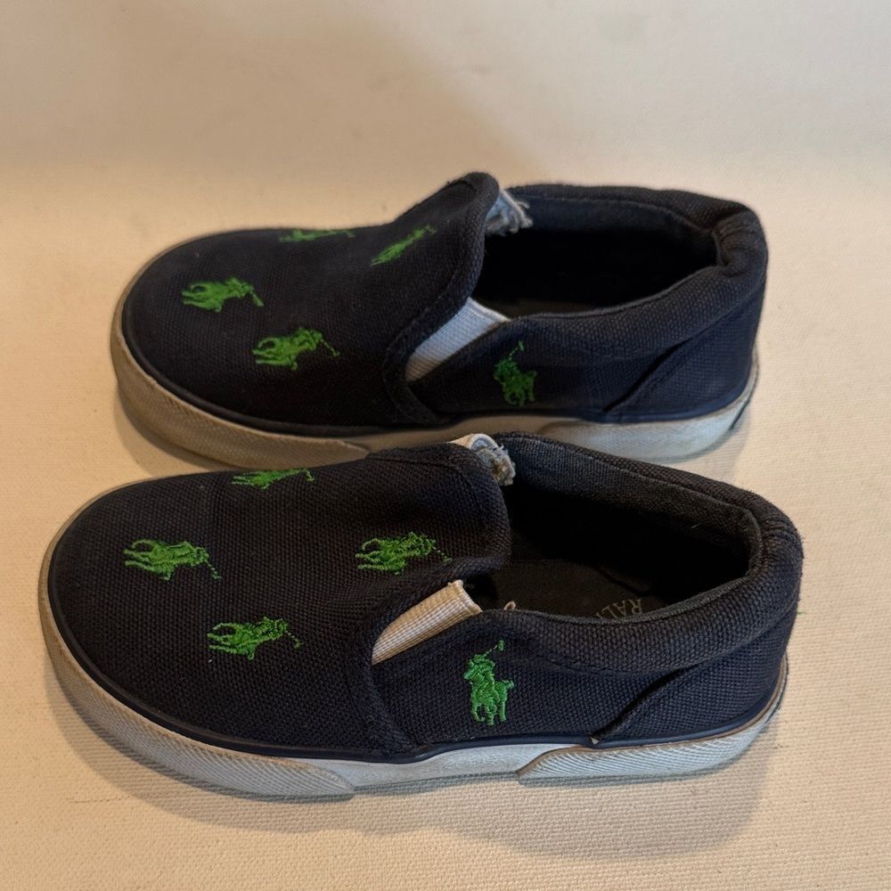 Polo by Ralph Lauren Navy Canvas Slip-On Sneakers with Green Pony Embroidery - Picture 2 of 3